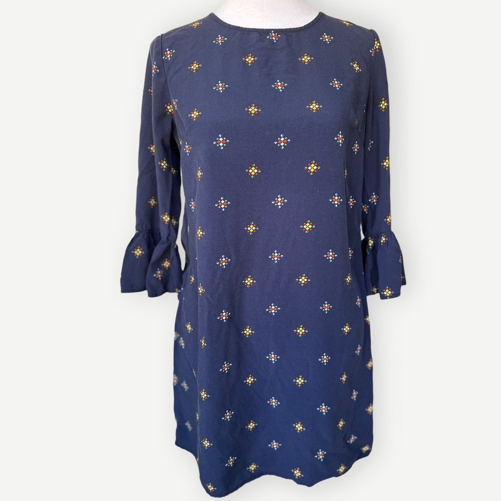 Old Navy Ruffle Bell Sleeve Geo Print Blue Flowy Pullover Shift Dress. XS.